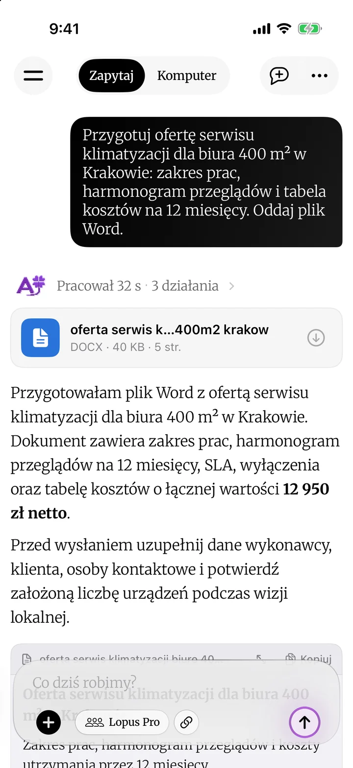 DomaAI: agent przygotował plik Word z ofertą serwisu