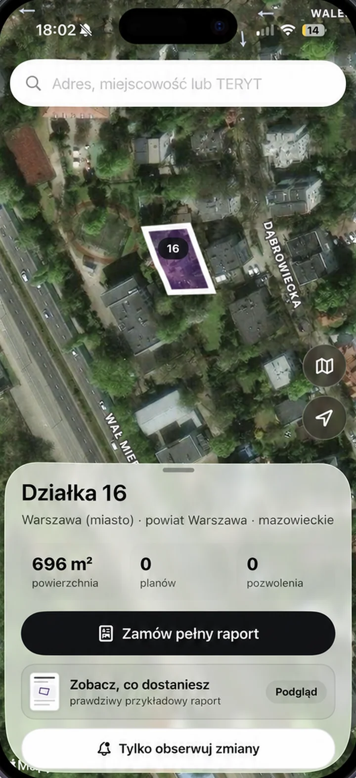 TeTereny na iPhonie: działka na mapie z powierzchnią i zamówieniem raportu