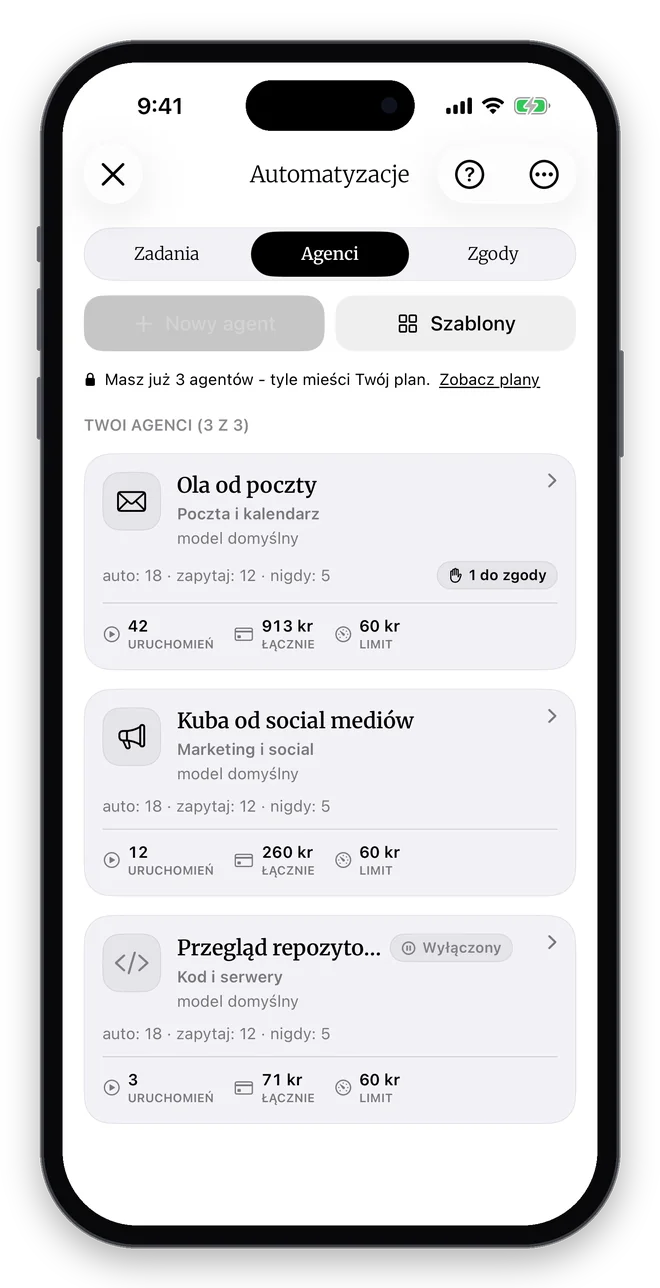 Agenci automatyzacji w DomaAI na iPhonie: zadania, agenci i zgody