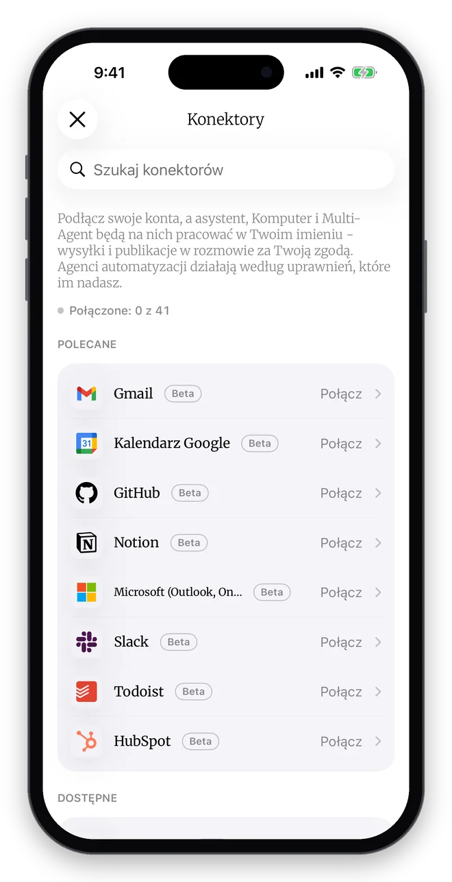 Ekran Konektory w DomaAI na iPhonie: połączone konta i lista usług