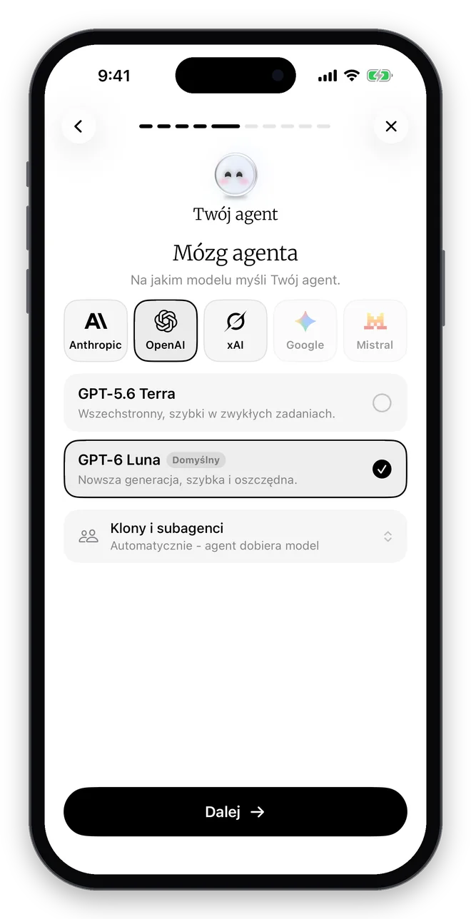 Konfigurator agenta DomaAI na iPhonie: imię, wygląd, charakter i model agenta