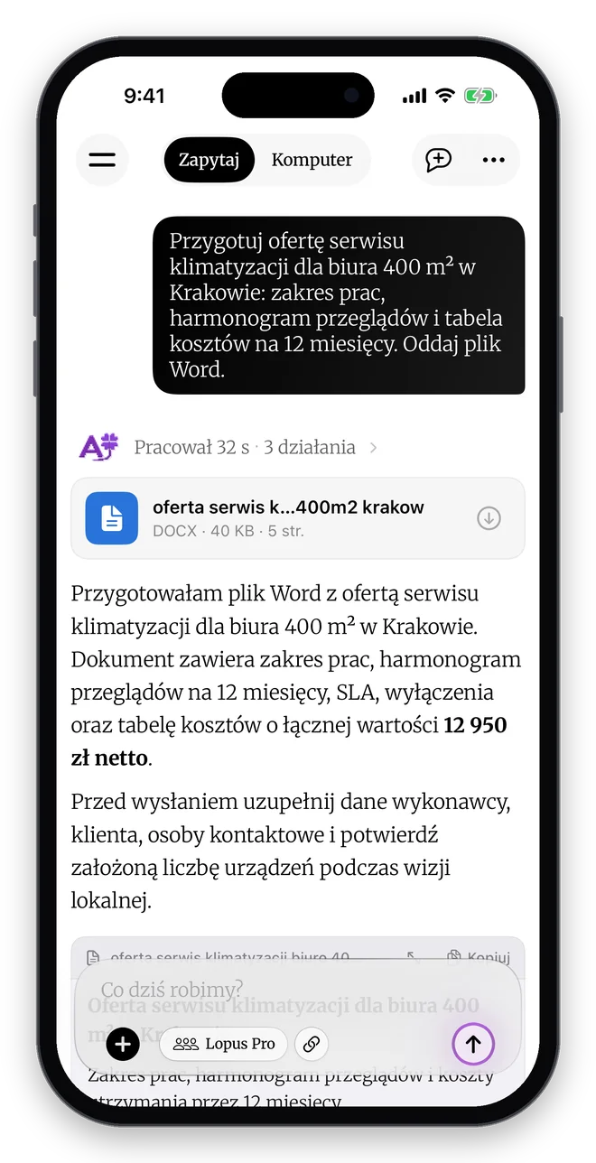 Lopus Pro na iPhonie: plan zadania i postęp pracy agenta w oknie procesu