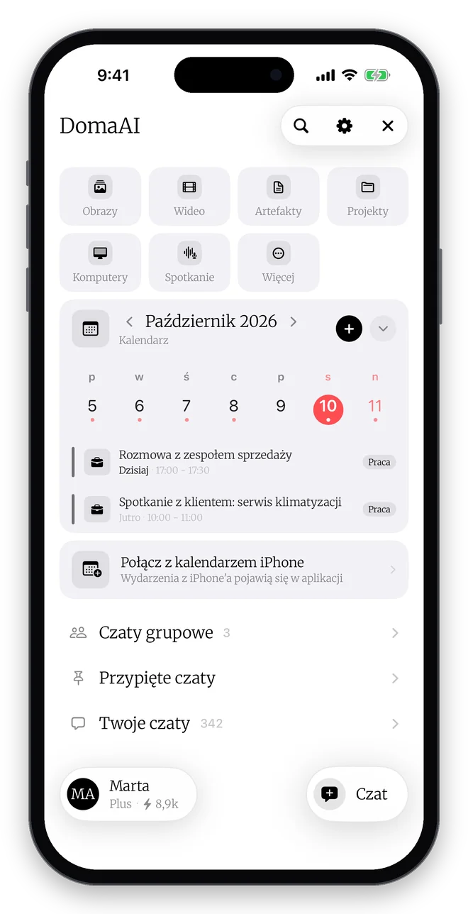 Panel DomaAI na iPhonie: historia rozmów, kalendarz z terminami, obrazy, pliki i projekty