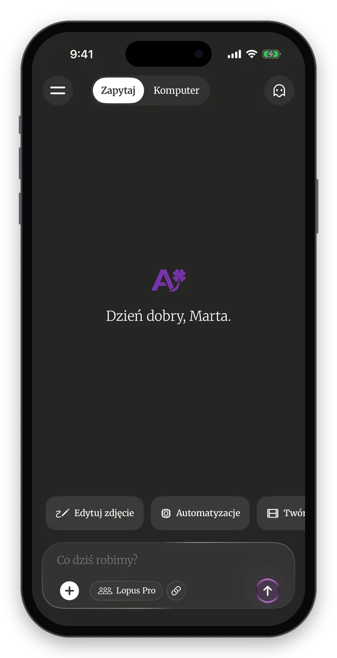Nowa rozmowa w DomaAI na iPhonie z polem wiadomości i wyborem trybu