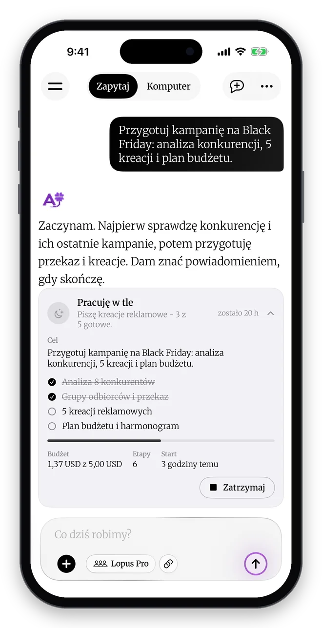 Zadanie w tle w DomaAI na iPhonie: cel, etapy, budżet i czas pracy agenta