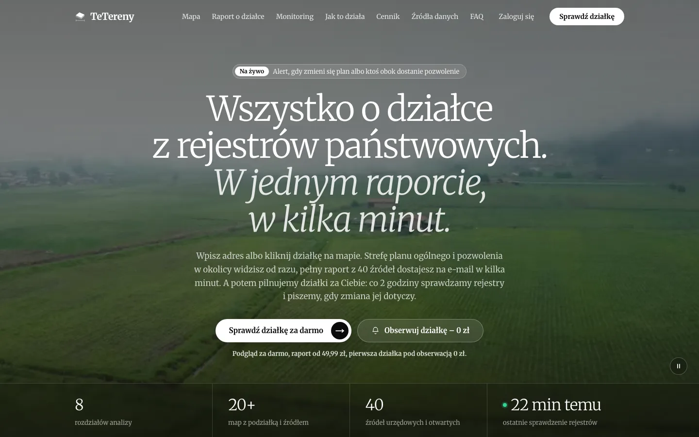 TeTereny: strona główna z wyszukiwarką działki i raportem z 40 źródeł