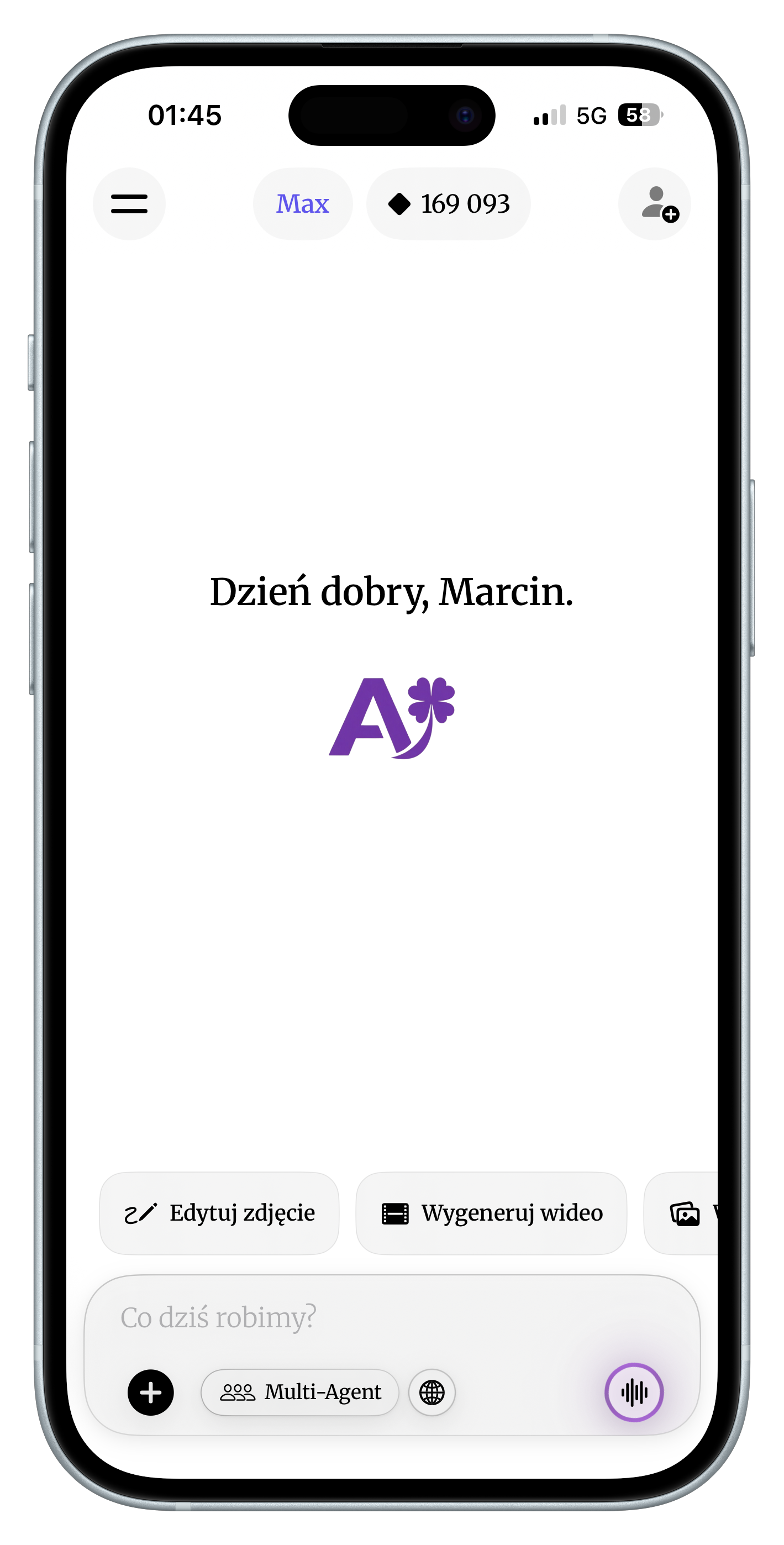 Aplikacja DomaAI na iPhone - ekran startowy Multi-Agent