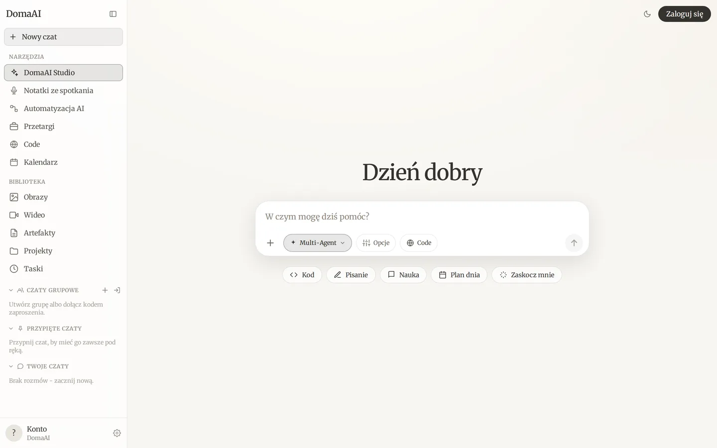 DomaAI Web - ekran startowy z Multi-Agentem i narzędziami