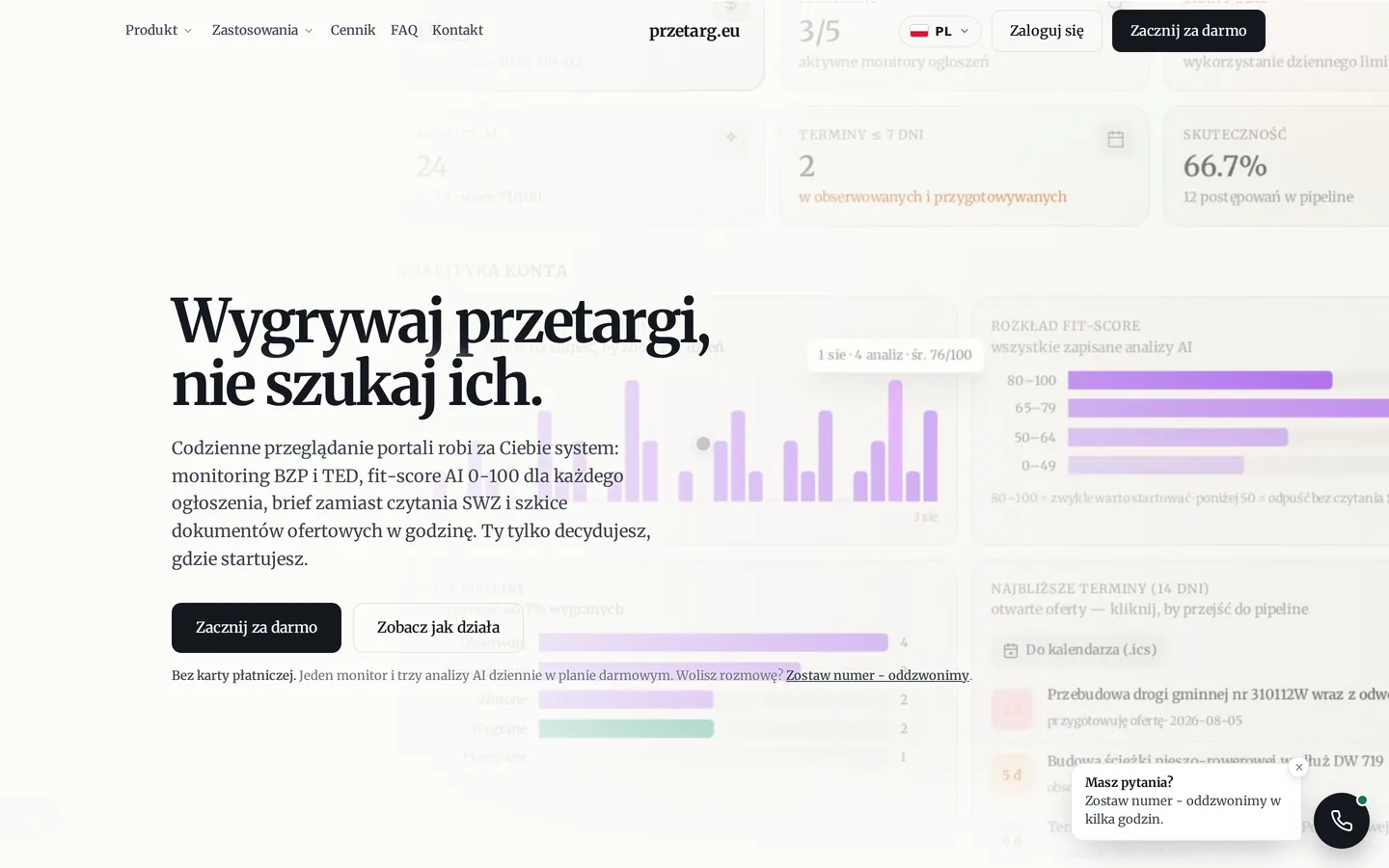 przetarg.eu - strona produktu z panelem monitoringu przetargów