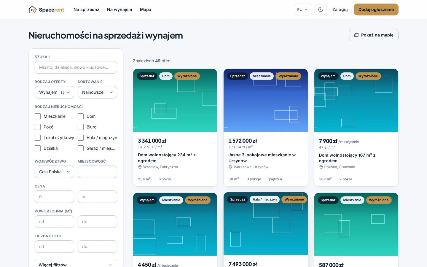 Spacerent - lista ogłoszeń z filtrami wyszukiwania