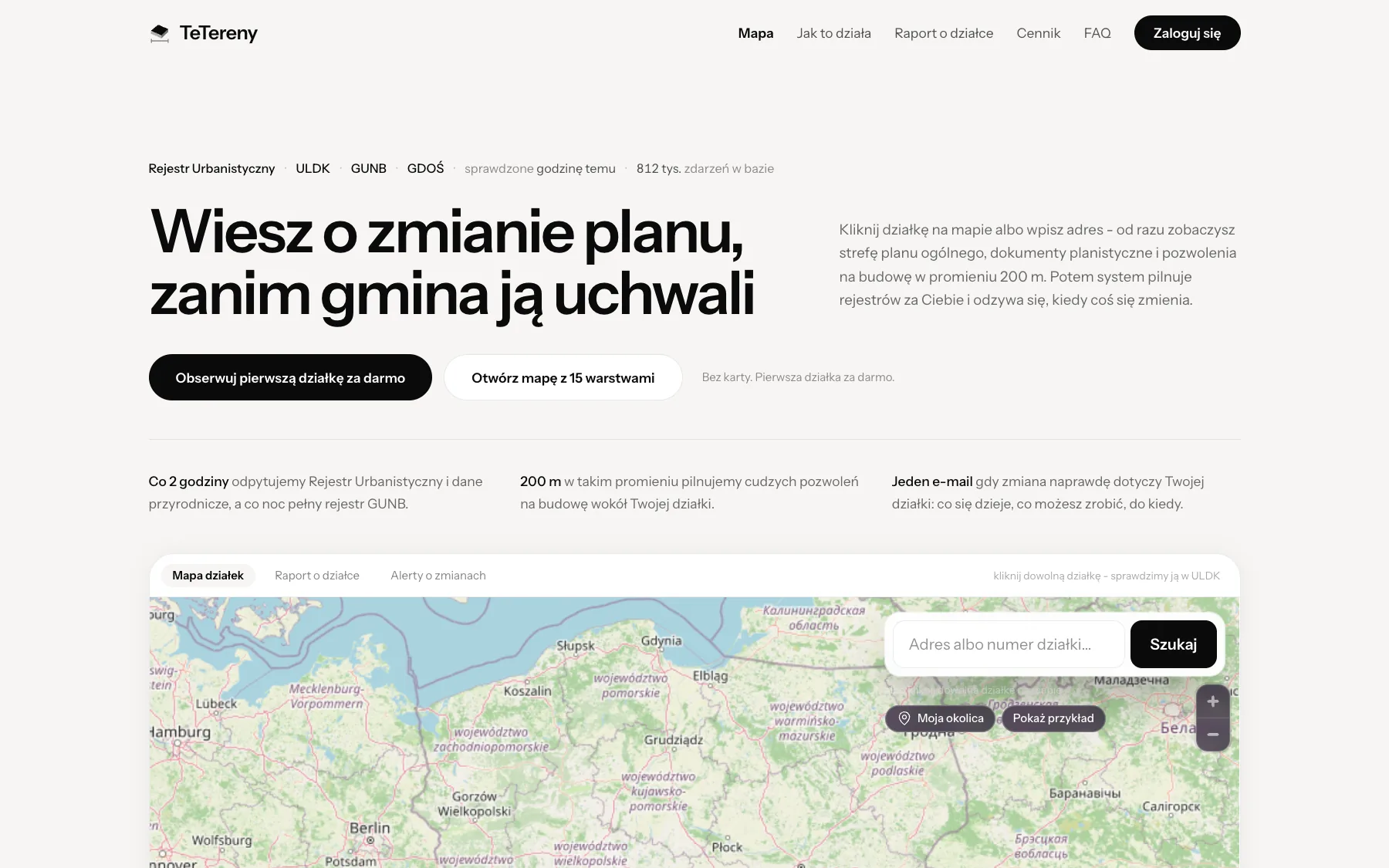 TeTereny: mapa działek z wyszukiwarką adresu i warstwami urzędowymi